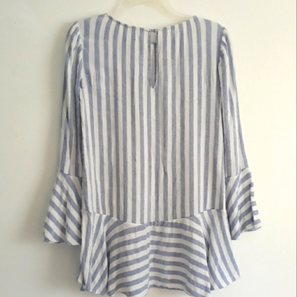Alice + Olivia Long Sleeve Striped White & Blue Linen Blend Oversized Top XS - Picture 7 of 13